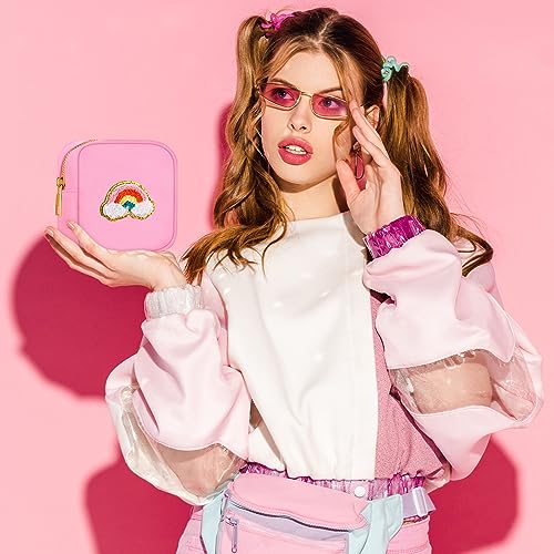 Zubebe 6 Pcs Preppy Patch Cute Makeup Bags Toiletry Bags Skincare Pouch Chenille Letter Nylon Bag for Purse Small Zipper Cosmetic Makeup Pouch Preppy Things for Travel(Fresh Color)4