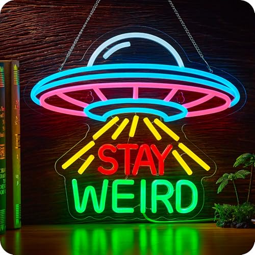 Image of Stay Weird Neon Sign Alien UFO Tractor Beam LED Lights for Wall Decor | USB Powered Alien UFO Decor for Farmhouse Bedroom Porch Game Room Man Cave Kids Gift
