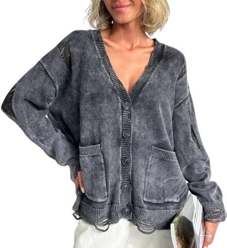Women's Distressed Ripped Cardigan Sweater V Neck Button Down Long Sleeve Slouchy Pullover Knit Sweater