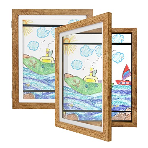 Image of Kids Art Frames 8.5x11 Set of 2 - Front Opening Childrens Picture Frame Changeable, Wood Artwork Display Storage for Wall Mount, Magnetic Door Holds 50 Art Pieces for Drawings, 3D Picture, Crafts, Portfolio, Brown