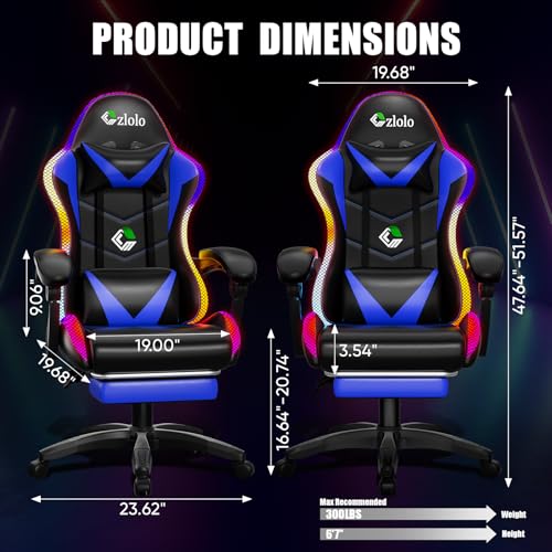 Image of Czlolo Gaming Chair, Racing Style RGB LED Lights Gaming Chairs for Adults and Kids, Lumbar Massager Gamer Chair, High Back Reclining Computer Chair with Footrest and Headrest (Black /Blue)