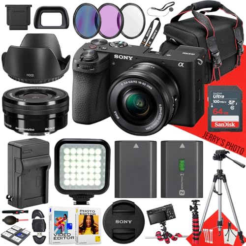 Sony a6700 Mirrorless Camera with Sony E PZ 16-50mm F/3.5-5.6 OSS Lens + 64 GB Memory + Spider Tripod + LED Light + Camera Case + Tripod + Card Reader + Extra Battery + More (26pc Bundle) (Renewed)