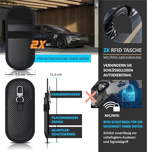 CSL - Keyless Go Schutz - 2X RFID Schlüsseltaschen – Schutz für Autoschlüssel RFID-Karten NFC Kreditkarten EC-Karten Personalausweis – Schlüssel Etui Hülle – Karabinerbefestigung – schwarz