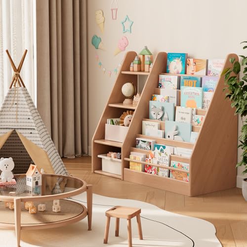 Image of Solid Wood Kids Bookshelf and Storage Organizer, 7 Layer Children Bookcase, Baby Toddler Wooden Book Shelf, Display Cabinet for Playroom, Bedroom, Classroom, Nursery, School, Natural