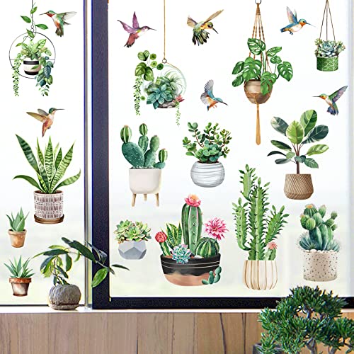 Wondever Hanging Potted Plant Tropical Botanical Cactus Hummingbirds Glass Sticker Decal Anti Collision Double-Side Static Window Decals for Home