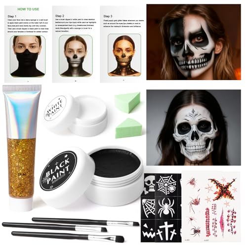 Kit de esqueleto brilhante para maquilhagem Halloween-Lictin kit completo de maquilhagem facial caveira dourada, Halloween facial para adultos e crianças, para o Halloween, disfarces, cosplay e