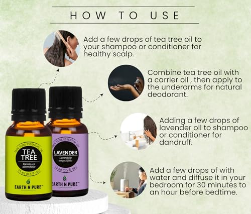 Image of Earth N Pure Lavender & Tea Tree Essential Oils | Pack of 2 (15 ml each) | 100% Pure, Undiluted, Natural and Therapeutic Grade - Perfect for Aromatherapy, Skin Therapy & More