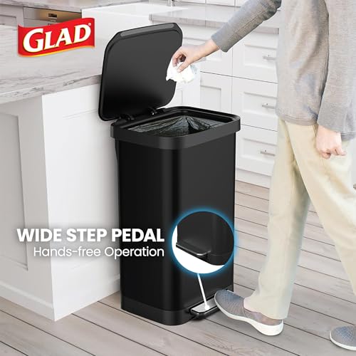 Image of Glad Stainless Steel Step Trash Can, Series 2 with Clorox Protection - Large Black Kitchen Garbage Bin with Soft Close Lid, Foot Pedal and Waste Bag Roll Holder, 20 Gallon