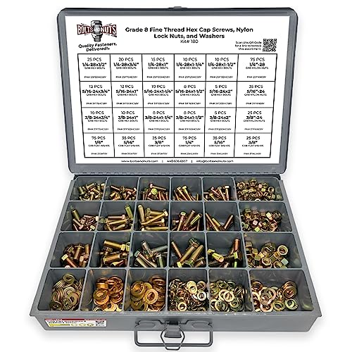 Image of Grade 8 FINE Thread Hex Cap Bolts Screws, Nylon Nylok Lock Nuts, Washers, Lock Washers Assortment Kit - 574 Pieces!