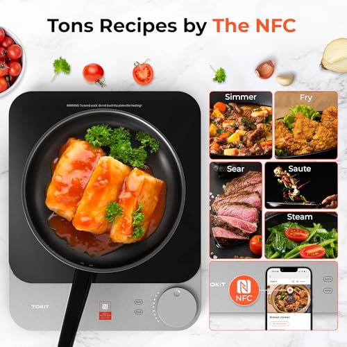 TOKIT Induktionskochfeld 2100W, 16mm Ultradünn Induction Hob 9 Heizstufen, Induktionskochplatte NFC-Online-Rezept, Tasten-Steuerung Induction Cooker Für Küche, Wohnheim, Camping (Grau) – Bild 4