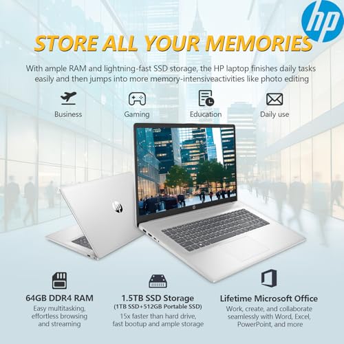 Image of HP 2025 17 Inch Laptop Touchscreen, 17.3 Touch Screen Business Laptop PC, AMD Ryzen 5(6-Cores), 64GB RAM 1.5TB Storage (1TB SSD+512GB PSSD)|Windows 11 Pro Laptop Lifetime Office|Copilot AI|Number Pad