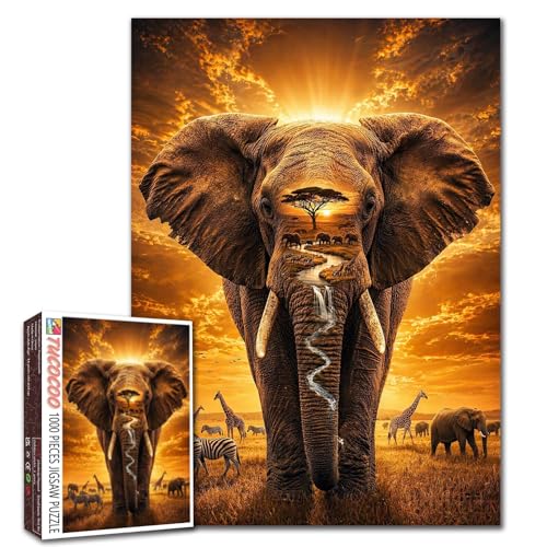 Creative Elephant Puzzle Sunset Animal Jigsaw Double Exposure Wildlife 1000 Pieces Puzzles for Adults Beginner Nature Inside Challenging… – Ansicht 1