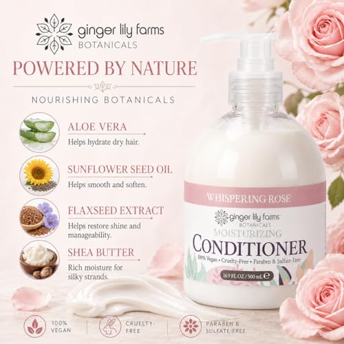 Image of Ginger Lily Farms Botanicals Moisturizing Conditioner for Dry Hair, 100% Vegan & Cruelty-Free, Whispering Rose Scent, 16.9 Fl Oz
