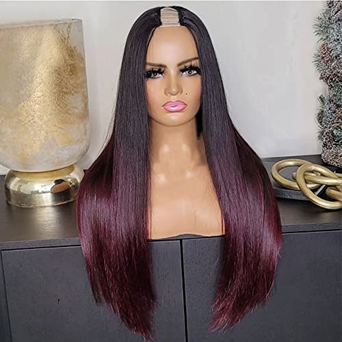 18inch Straight U Part Wig Human Hair 1B/99J Burgundy Ombre U Part Wig 150% Colored 4x1inch Small Leave Out Middle Part Wine Red Upart Wig Full Head Clip in Half Wig None Lace Wigs for Black Women