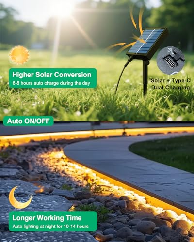 Image of Solar Led Strip Lights Outdoor, 20ft Solar Rope Lights Self-Adhesive Waterproof, 8 Mode with Remote Timer and Auto On /Off, Perfect for Deck, Patio, Poolside, Camping Decor, Warm White