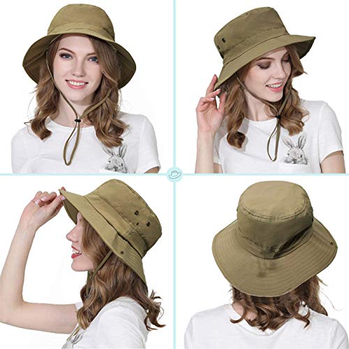 Taeku Buschhut, Herren Damen Mesh Bucket Boonie Hat Breite Krempe Sonnenhut mit Kinnband Fischermütze Outdoor Angelhut (Khaki)