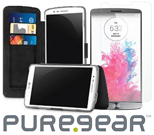 LG G3 Wallet Case with Screen Protector, PureGear Black Folio Card Slot Cover Stand + Tempered Glass Screen Guard for LG G3 Phone (D855 D850 D851 LS985 VS985 LS990 US990)