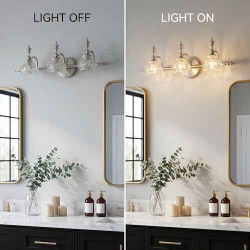 Image of Bathroom Vanity Light Fixtures, Farmhouse Vintage Wall Sconce Lighting with Glass Shade, Bath Vintage Wall Mounted Lamps for Mirror (3 Lights, Brushed Nickel, G9 Base)