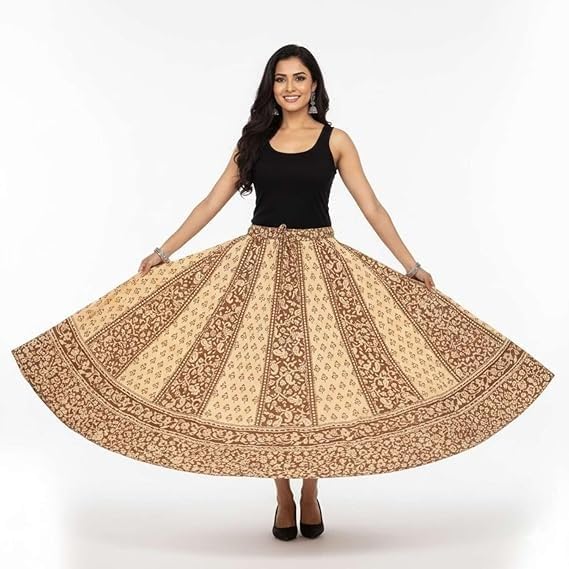 Image of HARSHITA-Enterprises Jaipuri Women's Cotton Printed Elastic Long Skirts