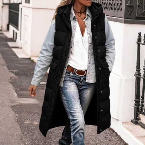 Long Puffer Vest Women Hooded Quilted Sleeveless Jacket Fall Winter Outfits - image 2