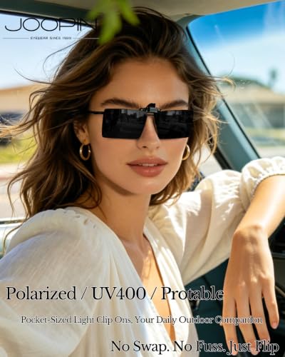 Image of Joopin 2 Pack Rectangle Clip on Flip up Sunglasses Polarized UV Protection | 2 Pcs, TAC lens, Metal Clips, Rubber Bars, Women, Men, rectangular, Frameless, Clamped onto the glasses, Driving, Fishing
