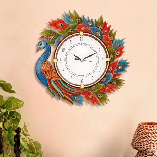 Image of Wooden Peacock Design Wall Clock Round Quartz Analog Antique Decorative Clock for Home Decoration
