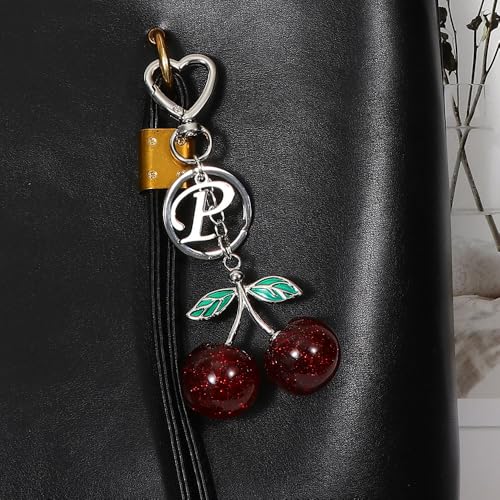 Heart-Shaped Keychain with Initial A-Z and Cherry Charm Bag Charms for Women,Car Accessories