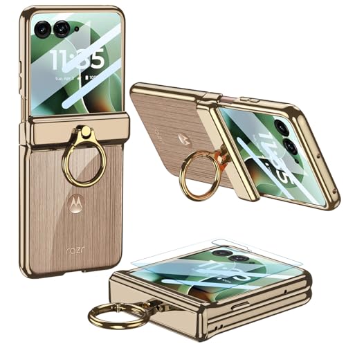 Furwabo Coque pour Motorola Razr 60 Ultra avec Protecteur D'écran et Protection de Charnière Magnétique et Béquille à Anneau, Placage Transparent Housse...