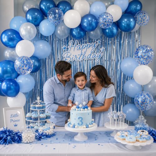 Image of Blue and White Balloons, 12 Inch Metallic Pastel Pearl Light Baby Blue Confetti Balloons with Matte White Balloon for Bridal Shower Baby Wedding Birthday Bachelorette Christening Party Decorations