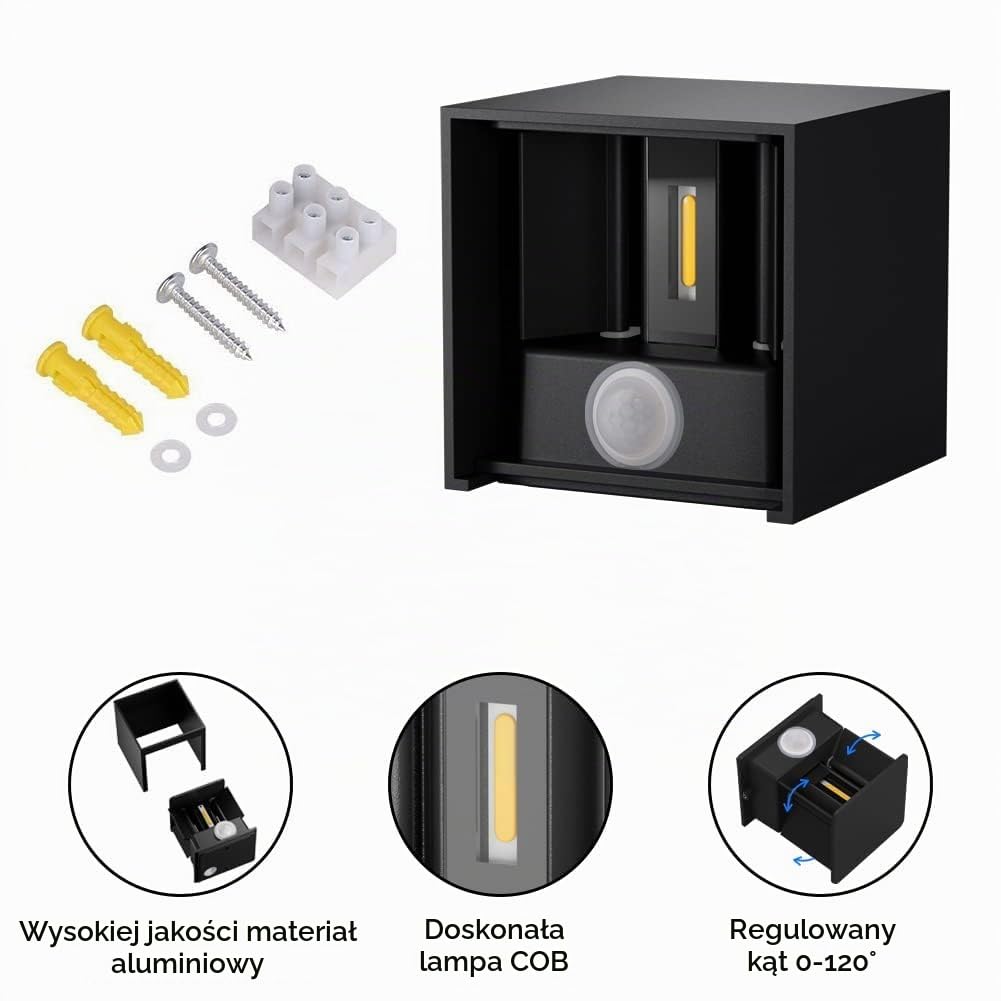 Klighten Lampy ścienne z detektorem ruchu, automatyczne włączanie/wyłączanie, 12 W, czarna lampa ścienna, ciepła biel, zewnętrzne lampy ścienne do ogrodu, ścieżki