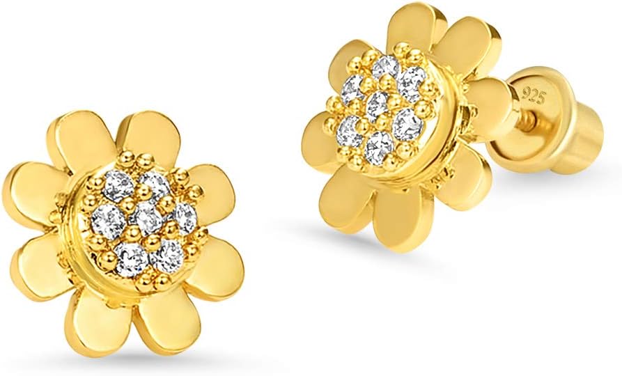 14 Kゴールドメッキ真鍮ひまわりキュービックジルコニアScrewback