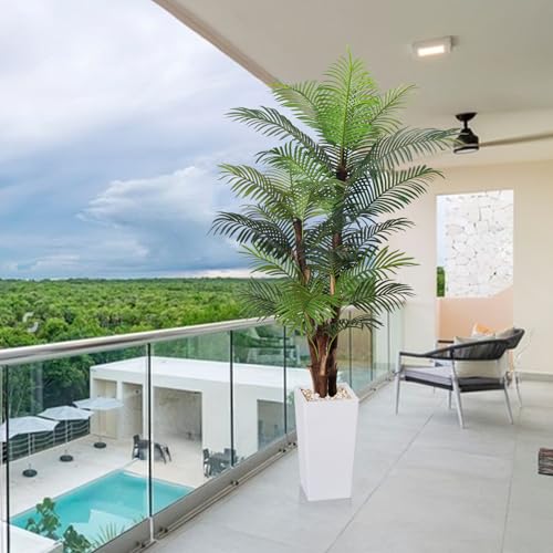 Artificial Palm Tree 7FT, Fake Tree with Realistic Fiber Trunks and White Tall Planter, Faux Tropical Areca Floor Plant in Pot, Artificial Silk Plant for Home Decor Office Decor Indoor