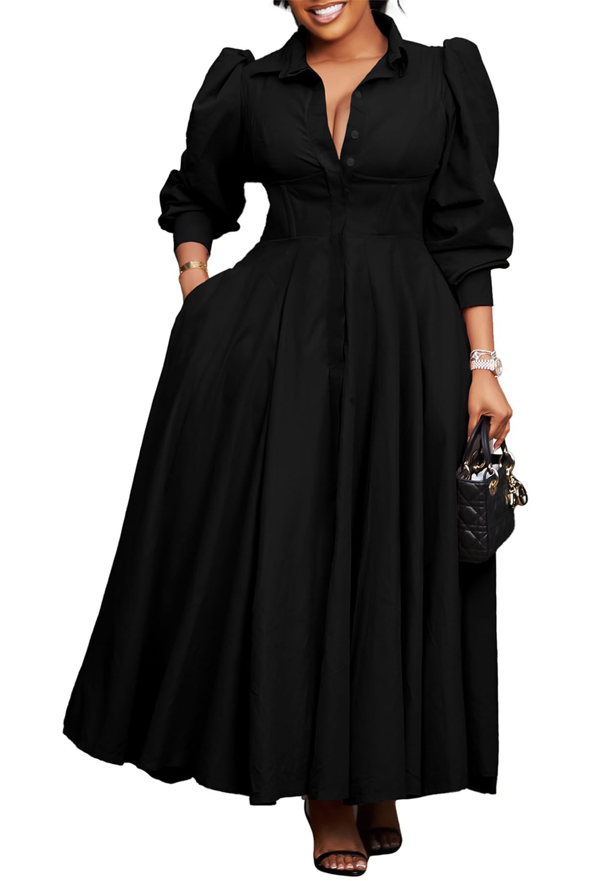 Famnbro Womens Shirt Dress 1950s Long Sleeve Swing Pleated Elegant Casual Church Work Business Dresses