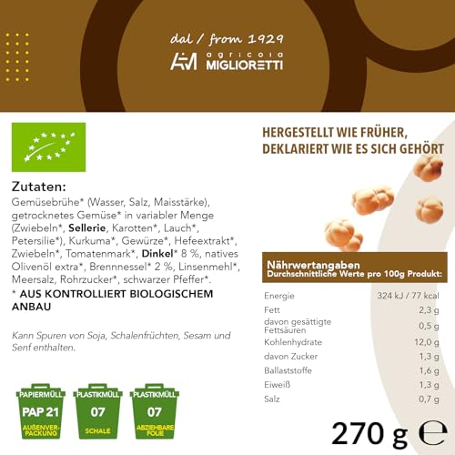 Agricola Miglioretti Bio-Dinkel-Brennnessel-Suppe – In 3 Minuten Servierfertig – Vegan, Glutenfrei und Ohne Konservierungsstoffe für eine Gesunde und Köstliche Mahlzeit - 3 Portionen