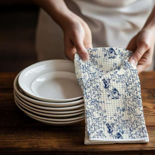Image of Vintage Blue Floral Golden Retriever Kitchen Towel - Dog Lover Dish Towel, Elegant Home Decor, Novelty Tea Towels, Gifts for Pet Owners, Farmhouse Decorative Hand Towel, 16x24 Inch