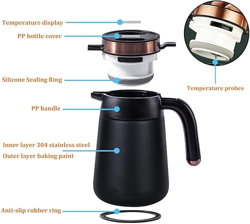Miniatura 3 de Jarra térmica de café de 54 onzas con pantalla de temperatura, jarra de café aislada de acero inoxidable 304 de doble pared para mantener el café y