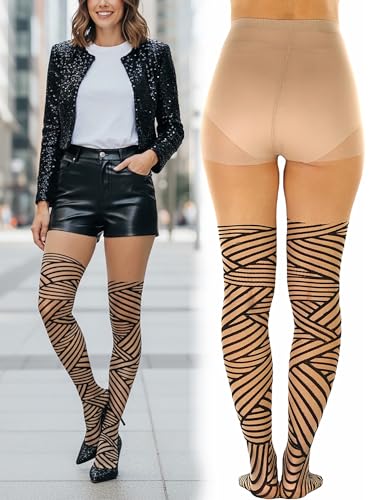Image of ToBeInStyle Women's Strappy Zig Zag Lace Up Bandage Print Fashion Goth Tights