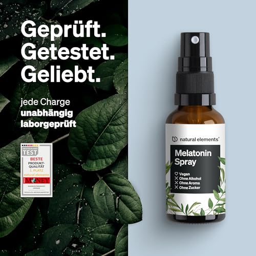 natural elements Melatonin Spray Neutral – 0,5 mg Melatonin pro Tagesdosis – mit Vitamin B1 und B6 – 30 ml, vegan, in Deutschland produziert
