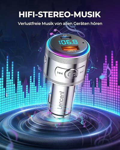 LENCENT 48W FM Transmitter Auto Bluetooth 5.3, Ganzmetall PD 30W & QC3.0 18W Schnelle Autoladegerät...