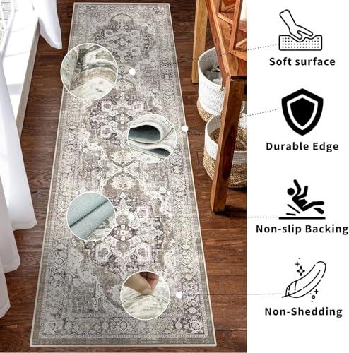 Washable 2x8 Hallway Runner Rug: Soft Kitchen Rug Non Slip Floor Runner for Bedroom Living Room Entryway Indoor Low Pile Vintage Carpet Runner(Beige, 2x8)