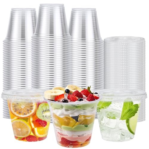Bysnow 100 Pack 9 Oz Clear Plastic Cups With Flat Lids No Hole, Disposable Dessert Cups With Lids For Ice Cream, Pudding, Fruit, Cold Drinks, Cake, Snacks, Yogurt Parfait
