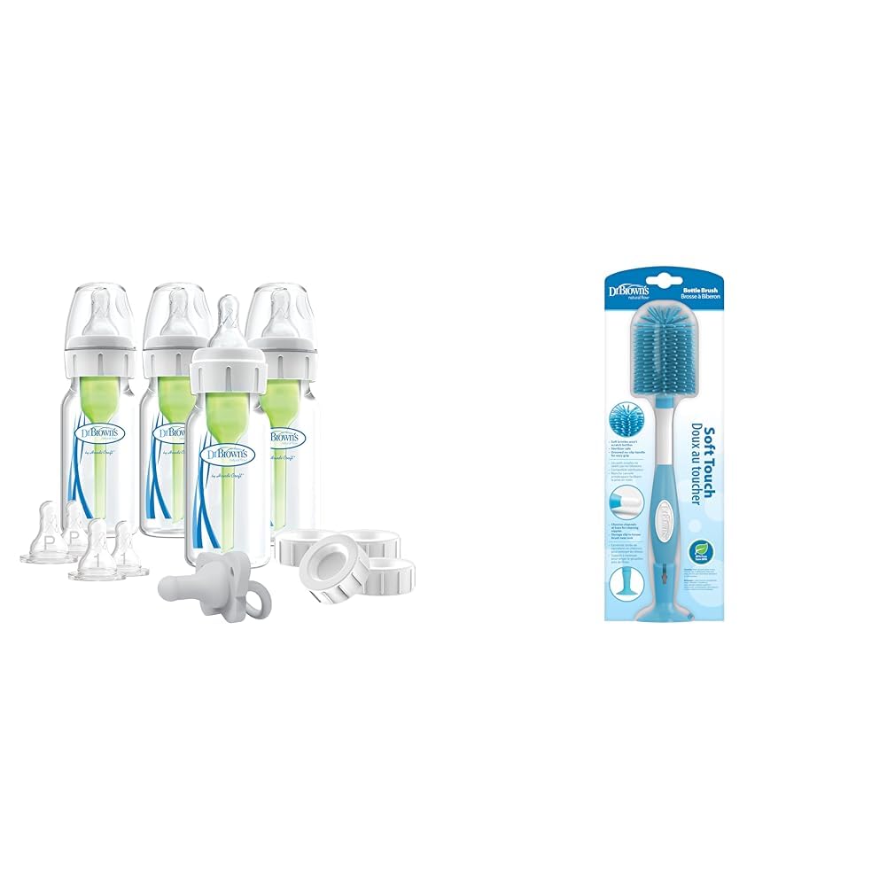 Dr. Brown'sAnti-Colic Breast to Bottle Feeding Set with Slow Flow Nipples, Travel Caps, and Silicone Pacifier - Gray & Soft Touch Bottle Brush, Blue