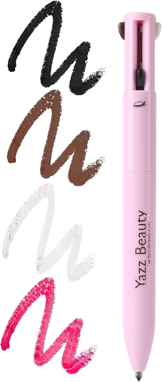 YazzBeauty - 4 in 1 Makeup Touch Up Pen with Hot Pink Lip Liner, Black Eyeliner, Dark Brown Eyebrow Pencil, and Shimmer White Highlighter, Compact