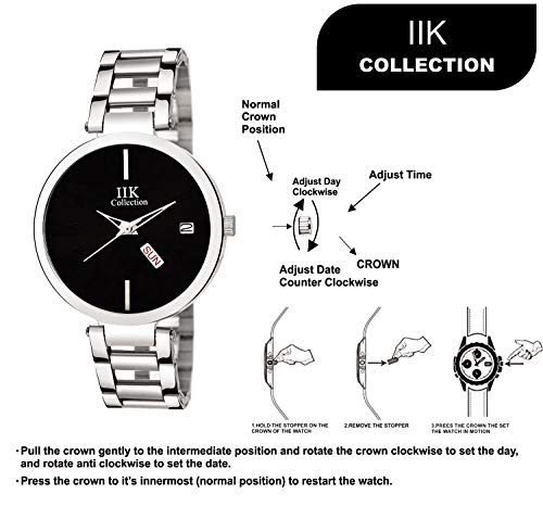 Image of IIK COLLECTION Watch for Women Round Studded Dial |Day and Date Quartz Movemnet |Long Battery Life|Stainless Steel Bracelet Chain Strap|Double Lock Clasp Safety Watches for Girls
