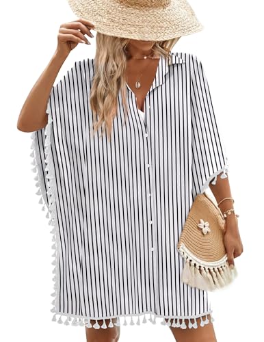 AI'MAGE Women's Swimwear Cover Ups 3/4 Sleeve Beach Coverup with Tassel Button Down Oversized Swimsuit Cover Up Shirt S-3XL