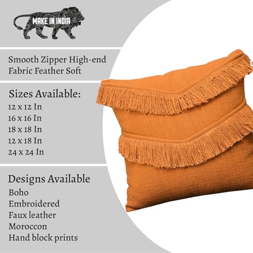Image of Cotton Cushion Covers 18 inch x 18 inch | Boho Shaggy Square Decorative Cushion Cover for Bedroom | Hand Made Boho Throw Pillow Cover for Sofa (Set of 1, 18 * 18)