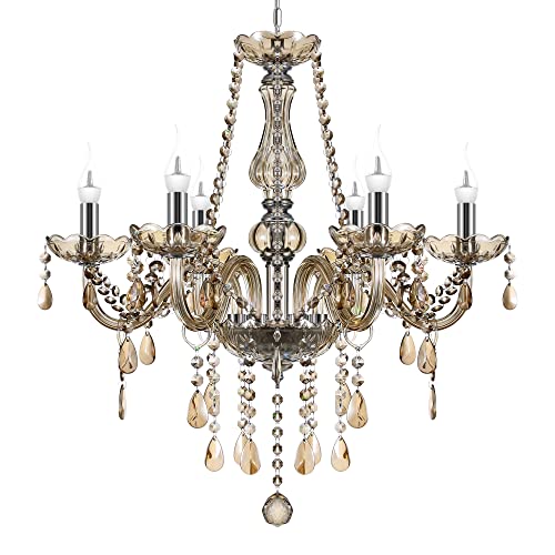 TRY-YEAN Lámpara de Techo de 6 Brazos Lámpara Colgante de Araña de Coñac con Cristales K5 E14 58cm Lamparas Clasicas de Techo con Cadena Ajustable para Dormitorio, Salón, Comedor, Pasillo