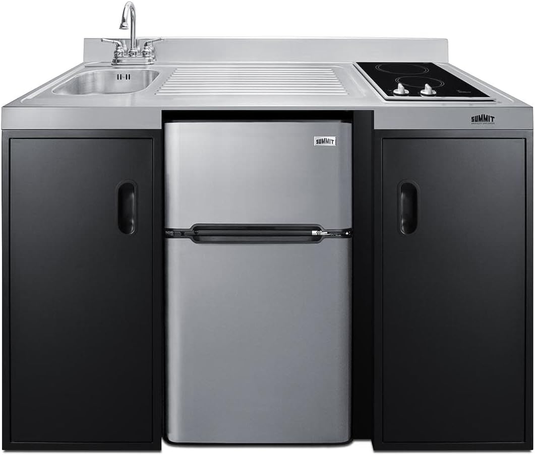 Summit 54" Wide All-In-One Kitchenette, 2-door refrigerator-freezer, 2-Burner Cooktop, Sink, and Storage, Black and Stainless- CK55ADASINKR (SINKR)