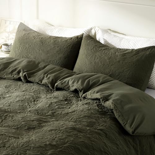 Super Soft Velvet Textured Duvet Cover Set King 3 Pcs Floral Patterned Comforter Cover Set with Button Closure Luxury Bedding Duvet Covers for All Seasons 104 x 90 inchesOlive Green King Size