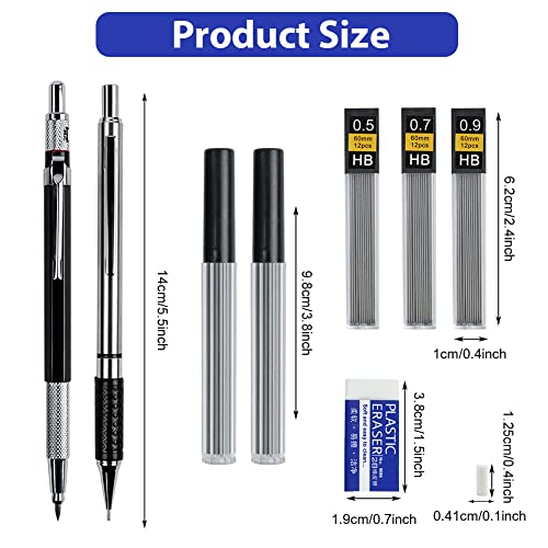 Image of AUAUY 6 Piece Metal Mechanical Pencil Set, 3 Pcs Drawing Pens 0.5mm & 0.7mm & 0.9mm & 3pcs 2mm Art Pens with 12 Tube Refill Pins, 3 Erasers & 24 Erasers Tips for Writing Drawing